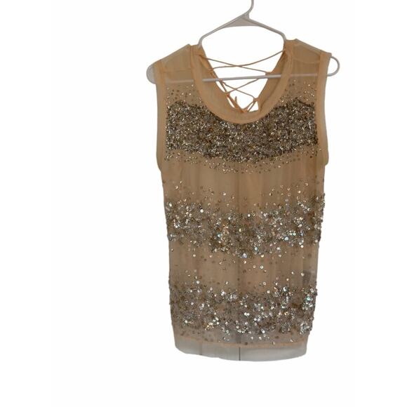 All Saints Women's Medium Beige Round Neck Top Restrain Beaded Hand Embellished - Picture 4 of 13